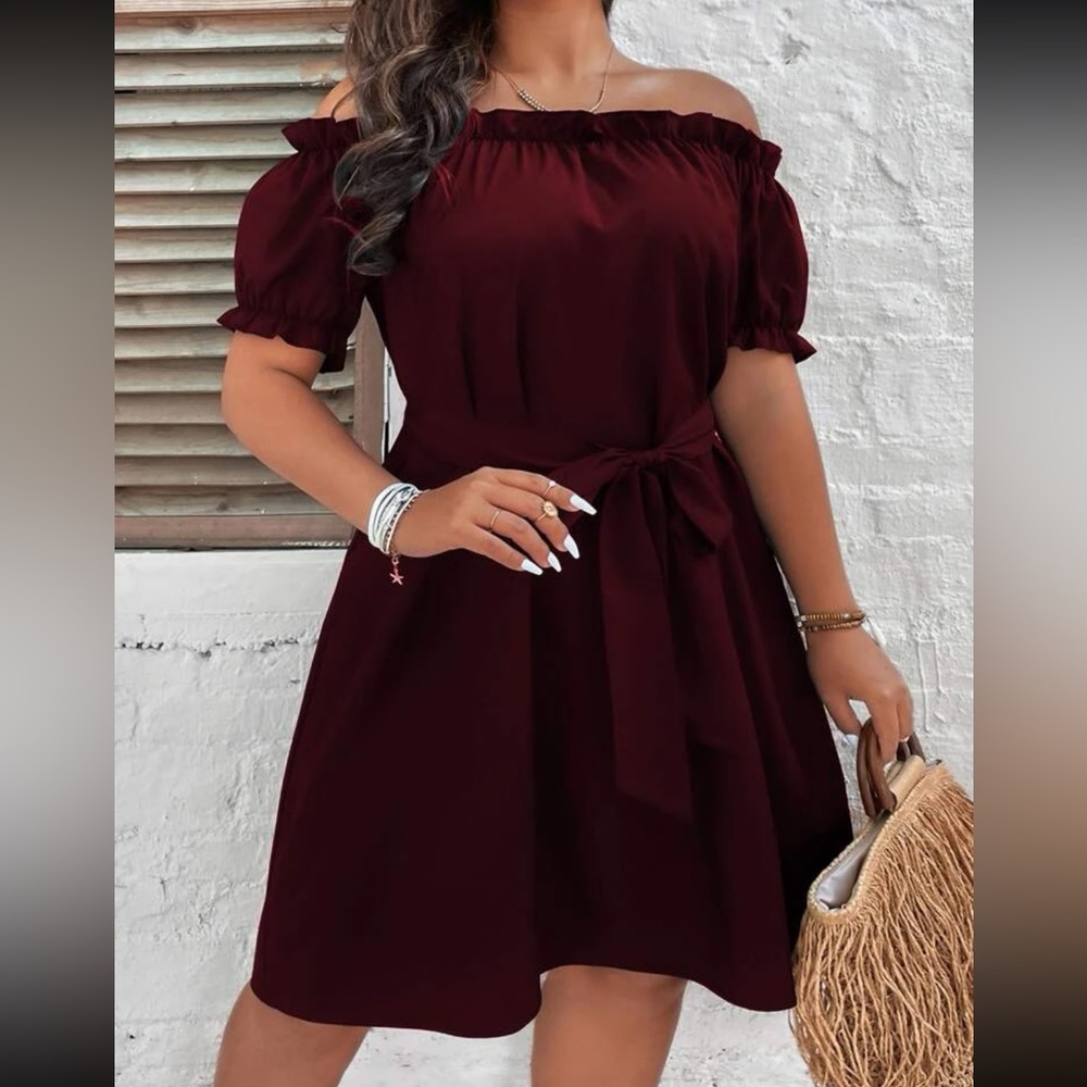 Plus size burgundy off shoulder puff sleeve belted dress
